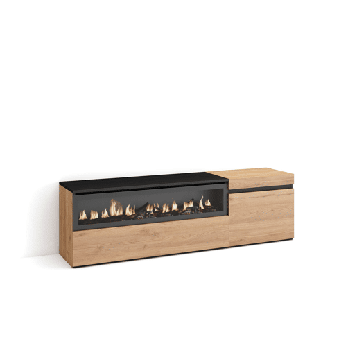 Móvel de TV, Muito espaço de arrumação, 150x35x45cm, Para televisores até 65, Lareira eléctrica, Estilo moderno, Carvalho e preto