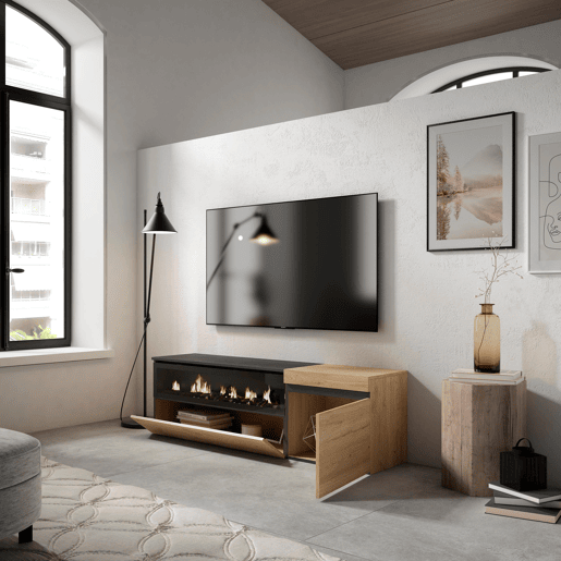 Móvel de TV, Muito espaço de arrumação, 150x35x45cm, Para televisores até 65, Lareira eléctrica, Estilo moderno, Carvalho e preto
