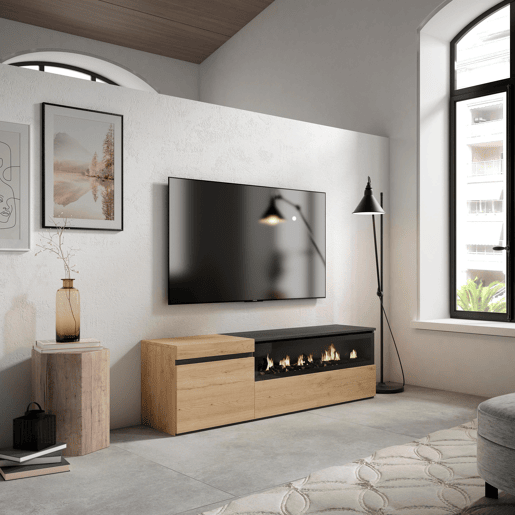 Móvel de TV, Muito espaço de arrumação, 150x35x45cm, Para televisores até 65, Lareira eléctrica, Estilo moderno, Carvalho e preto