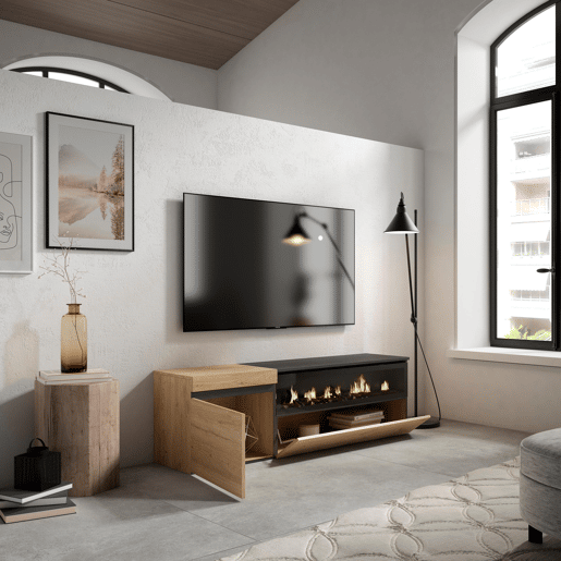 Móvel de TV, Muito espaço de arrumação, 150x35x45cm, Para televisores até 65, Lareira eléctrica, Estilo moderno, Carvalho e preto