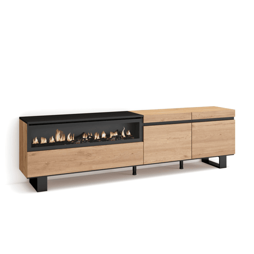 Móvel de TV, Muito espaço de arrumação, 200x35x57cm, Para televisores até 80, Lareira eléctrica, Design industrial, Estilo moderno, Carvalho e preto Móvel de TV, Muito espaço de arrumação, 200x35x57cm, Para televisores até 80, Lareira eléctrica, Design industrial, Estilo moderno, Carvalho e preto