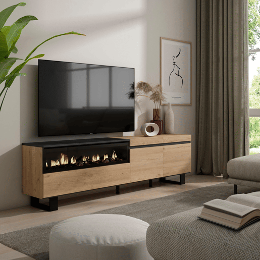 Móvel de TV, Muito espaço de arrumação, 200x35x57cm, Para televisores até 80, Lareira eléctrica, Design industrial, Estilo moderno, Carvalho e preto Móvel de TV, Muito espaço de arrumação, 200x35x57cm, Para televisores até 80, Lareira eléctrica, Design industrial, Estilo moderno, Carvalho e preto
