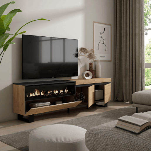 Móvel de TV, Muito espaço de arrumação, 200x35x57cm, Para televisores até 80, Lareira eléctrica, Design industrial, Estilo moderno, Carvalho e preto Móvel de TV, Muito espaço de arrumação, 200x35x57cm, Para televisores até 80, Lareira eléctrica, Design industrial, Estilo moderno, Carvalho e preto