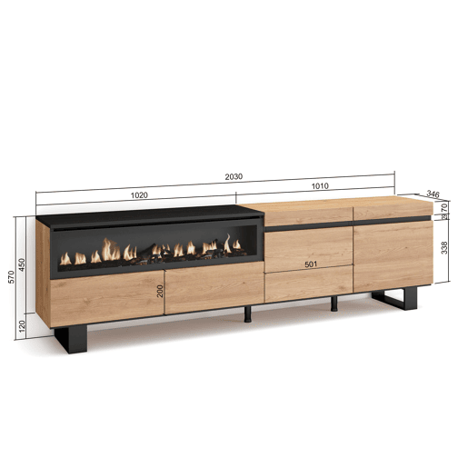 Móvel de TV, Muito espaço de arrumação, 200x35x57cm, Para televisores até 80, Lareira eléctrica, Design industrial, Estilo moderno, Carvalho e preto Móvel de TV, Muito espaço de arrumação, 200x35x57cm, Para televisores até 80, Lareira eléctrica, Design industrial, Estilo moderno, Carvalho e preto