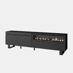 Móvel de TV, Muito espaço de arrumação, 200x35x57cm, Para televisores até 80, Lareira eléctrica, Design industrial, Estilo moderno, Preto
