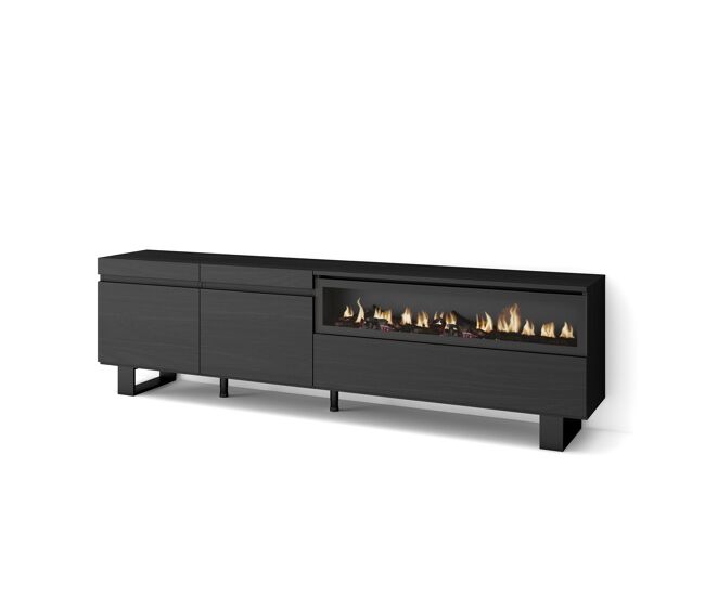 Mueble tv, televisión, muebles de salón, almacenaje, 200x35x57cm, para tv hasta 80", chimenea eléctrica, diseño industrial, estilo moderno, negro