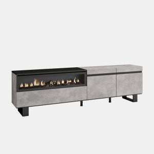 Móvel de TV, Muito espaço de arrumação, 200x35x57cm, Para televisores até 80, Lareira eléctrica, Design industrial, Estilo moderno, Cimento