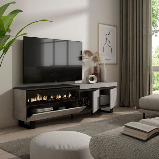 Móvel de TV, Muito espaço de arrumação, 200x35x57cm, Para televisores até 80, Lareira eléctrica, Design industrial, Estilo moderno, Cimento