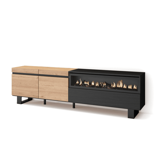 Móvel de TV, Muito espaço de arrumação, 200x35x57cm, Para televisores até 80, Lareira eléctrica, Design industrial, Estilo moderno, Carvalho e preto Móvel de TV, Muito espaço de arrumação, 200x35x57cm, Para televisores até 80, Lareira eléctrica, Design industrial, Estilo moderno, Carvalho e preto