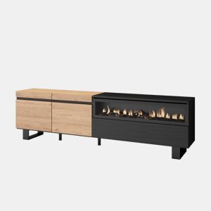 Móvel de TV, Muito espaço de arrumação, 200x35x57cm, Para televisores até 80, Lareira eléctrica, Design industrial, Estilo moderno, Carvalho e preto