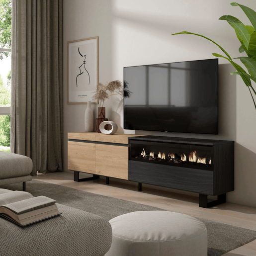 Móvel de TV, Muito espaço de arrumação, 200x35x57cm, Para televisores até 80, Lareira eléctrica, Design industrial, Estilo moderno, Carvalho e preto Móvel de TV, Muito espaço de arrumação, 200x35x57cm, Para televisores até 80, Lareira eléctrica, Design industrial, Estilo moderno, Carvalho e preto