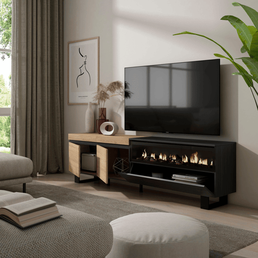 Móvel de TV, Muito espaço de arrumação, 200x35x57cm, Para televisores até 80, Lareira eléctrica, Design industrial, Estilo moderno, Carvalho e preto Móvel de TV, Muito espaço de arrumação, 200x35x57cm, Para televisores até 80, Lareira eléctrica, Design industrial, Estilo moderno, Carvalho e preto