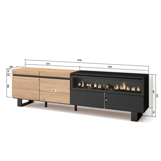 Móvel de TV, Muito espaço de arrumação, 200x35x57cm, Para televisores até 80, Lareira eléctrica, Design industrial, Estilo moderno, Carvalho e preto Móvel de TV, Muito espaço de arrumação, 200x35x57cm, Para televisores até 80, Lareira eléctrica, Design industrial, Estilo moderno, Carvalho e preto
