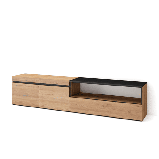 Móvel de TV, Muito espaço de arrumação, 200x35x45cm, Para televisores até 80, Estante para TV, Estilo moderno, Carvalho e preto Móvel de TV, Muito espaço de arrumação, 200x35x45cm, Para televisores até 80, Estante para TV, Estilo moderno, Carvalho e preto