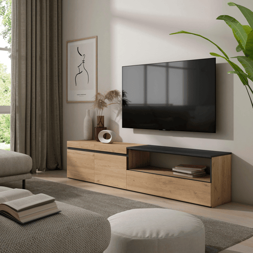 Móvel de TV, Muito espaço de arrumação, 200x35x45cm, Para televisores até 80, Estante para TV, Estilo moderno, Carvalho e preto Móvel de TV, Muito espaço de arrumação, 200x35x45cm, Para televisores até 80, Estante para TV, Estilo moderno, Carvalho e preto