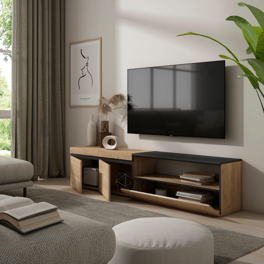 Móvel de TV, Muito espaço de arrumação, 200x35x45cm, Para televisores até 80, Estante para TV, Estilo moderno, Carvalho e preto Móvel de TV, Muito espaço de arrumação, 200x35x45cm, Para televisores até 80, Estante para TV, Estilo moderno, Carvalho e preto