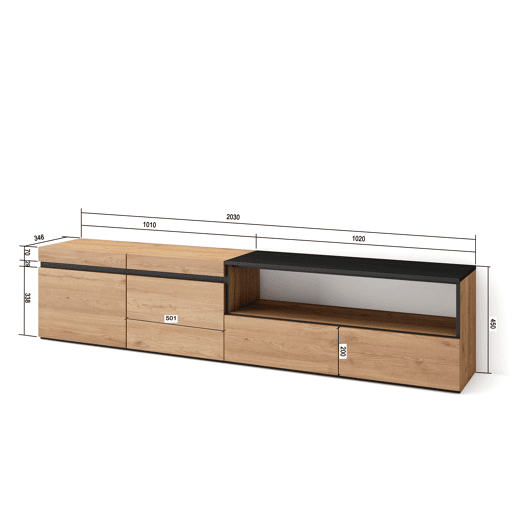 Móvel de TV, Muito espaço de arrumação, 200x35x45cm, Para televisores até 80, Estante para TV, Estilo moderno, Carvalho e preto Móvel de TV, Muito espaço de arrumação, 200x35x45cm, Para televisores até 80, Estante para TV, Estilo moderno, Carvalho e preto