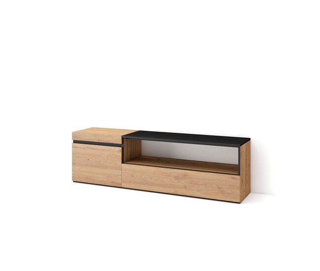 Mueble tv, televisión, muebles de salón, almacenaje, 150x35x45cm, para tv hasta 65", con almacenamiento, estilo moderno, roble y negro