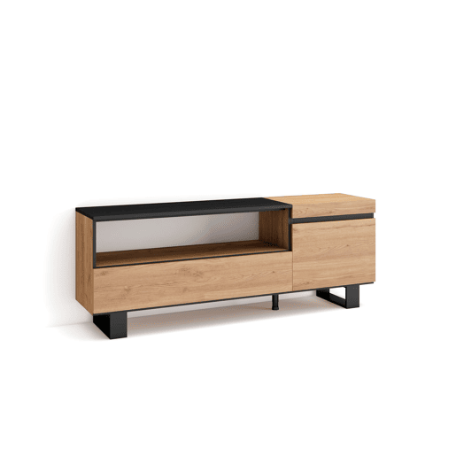 Móvel de TV, Muito espaço de arrumação, 150x35x57cm, Para televisores até 65, Design industrial, Estilo moderno, Carvalho e preto