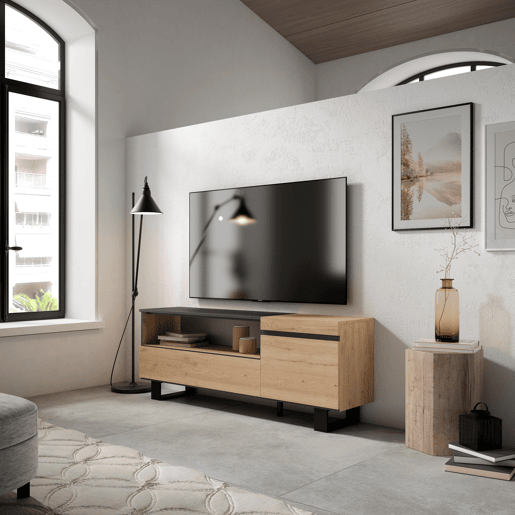 Móvel de TV, Muito espaço de arrumação, 150x35x57cm, Para televisores até 65, Design industrial, Estilo moderno, Carvalho e preto