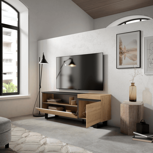 Móvel de TV, Muito espaço de arrumação, 150x35x57cm, Para televisores até 65, Design industrial, Estilo moderno, Carvalho e preto