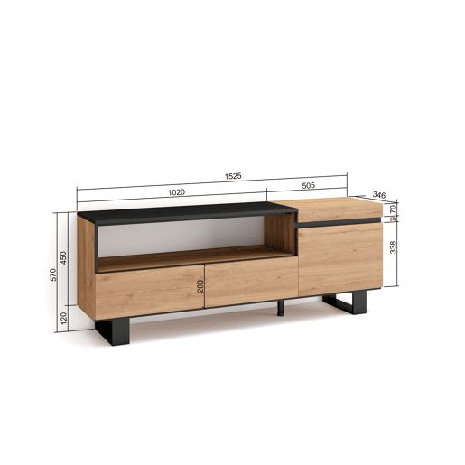 Móvel de TV, Muito espaço de arrumação, 150x35x57cm, Para televisores até 65, Design industrial, Estilo moderno, Carvalho e preto