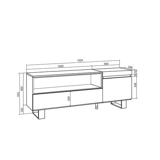 Móvel de TV, Muito espaço de arrumação, 150x35x57cm, Para televisores até 65, Design industrial, Estilo moderno, Carvalho e preto
