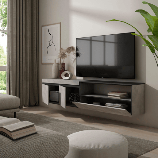 Móvel de TV, Muito espaço de arrumação, 200x35x45cm, Para televisores até 80, Suspensos, Estilo moderno, Cimento