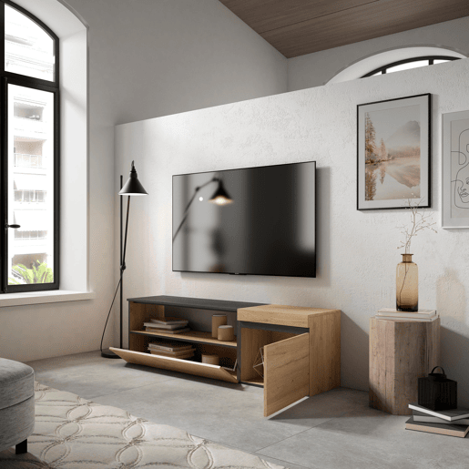 Móvel de TV, Muito espaço de arrumação, 150x35x45cm, Para televisores até 65, Estante para TV, Estilo moderno, Carvalho e preto