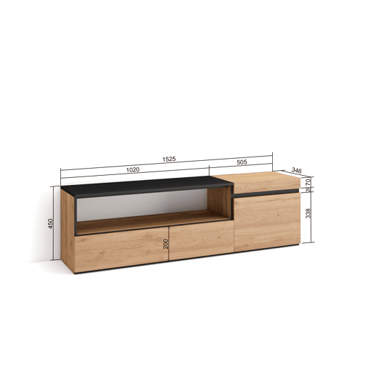 Móvel de TV, Muito espaço de arrumação, 150x35x45cm, Para televisores até 65, Estante para TV, Estilo moderno, Carvalho e preto