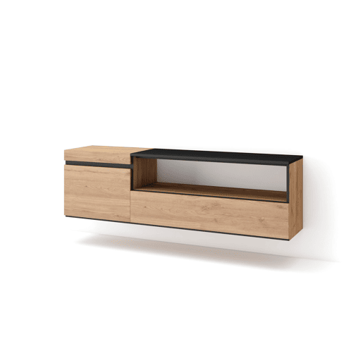 Móvel de TV, Muito espaço de arrumação, 150x35x45cm, Para televisores até 65, Suspensos, Estilo moderno, Carvalho e preto