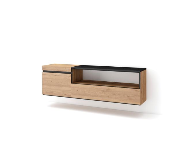 Mueble tv, televisión, muebles de salón, almacenaje, 150x35x45cm, para tv hasta 65", colgado, suspendido, estilo moderno, roble y negro