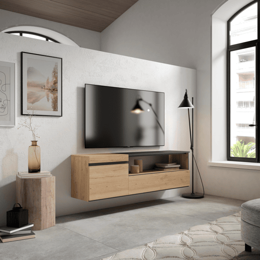 Móvel de TV, Muito espaço de arrumação, 150x35x45cm, Para televisores até 65, Suspensos, Estilo moderno, Carvalho e preto