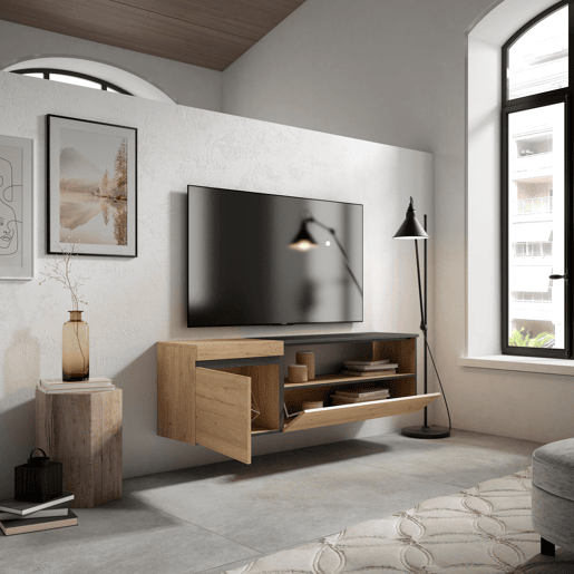 Móvel de TV, Muito espaço de arrumação, 150x35x45cm, Para televisores até 65, Suspensos, Estilo moderno, Carvalho e preto