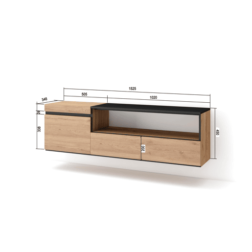 Móvel de TV, Muito espaço de arrumação, 150x35x45cm, Para televisores até 65, Suspensos, Estilo moderno, Carvalho e preto