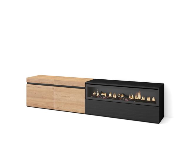 Mueble tv, televisión, muebles de salón, almacenaje, 200x35x45cm, para tv hasta 80", chimenea eléctrica, estilo moderno, roble y negro