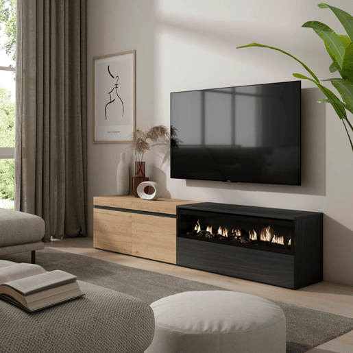 Móvel de TV, Muito espaço de arrumação, 200x35x45cm, Para televisores até 80, Lareira eléctrica, Estilo moderno, Carvalho e preto