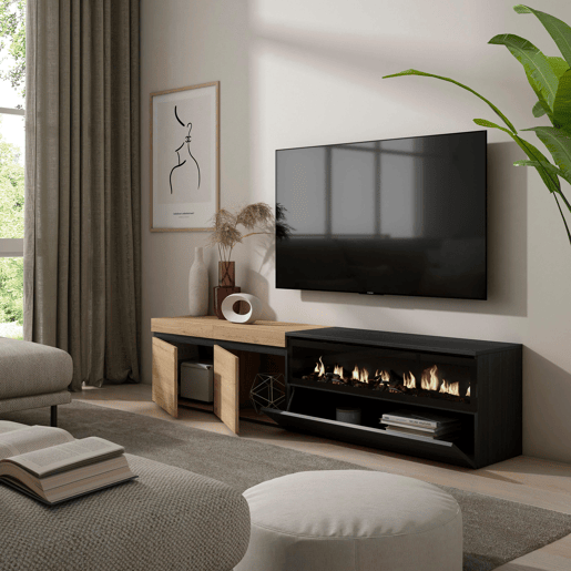 Móvel de TV, Muito espaço de arrumação, 200x35x45cm, Para televisores até 80, Lareira eléctrica, Estilo moderno, Carvalho e preto