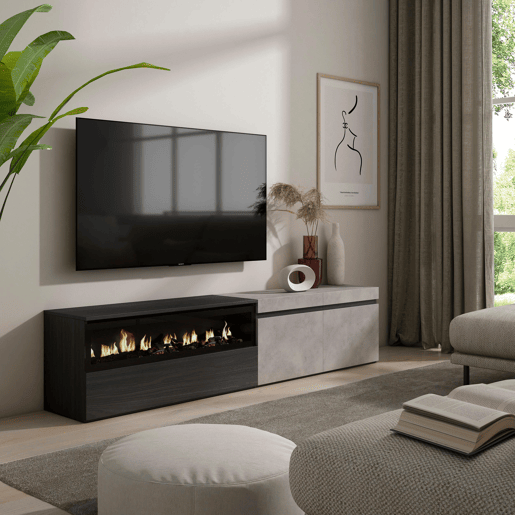 Móvel de TV, Muito espaço de arrumação, 200x35x45cm, Para televisores até 80, Lareira eléctrica, Estilo moderno, Cimento Móvel de TV, Muito espaço de arrumação, 200x35x45cm, Para televisores até 80, Lareira eléctrica, Estilo moderno, Cimento