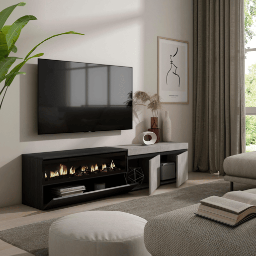 Móvel de TV, Muito espaço de arrumação, 200x35x45cm, Para televisores até 80, Lareira eléctrica, Estilo moderno, Cimento Móvel de TV, Muito espaço de arrumação, 200x35x45cm, Para televisores até 80, Lareira eléctrica, Estilo moderno, Cimento
