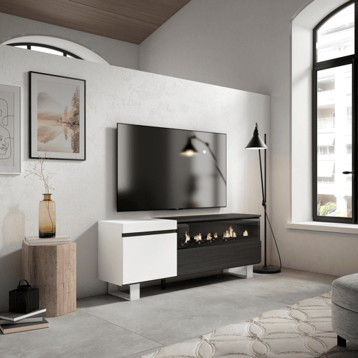 Móvel de TV, Muito espaço de arrumação, 150x35x57cm, Para televisores até 65, Lareira eléctrica, Design industrial, Estilo moderno, Branco e preto Móvel de TV, Muito espaço de arrumação, 150x35x57cm, Para televisores até 65, Lareira eléctrica, Design industrial, Estilo moderno, Branco e preto