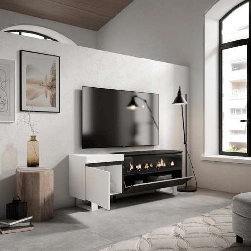 Móvel de TV, Muito espaço de arrumação, 150x35x57cm, Para televisores até 65, Lareira eléctrica, Design industrial, Estilo moderno, Branco e preto Móvel de TV, Muito espaço de arrumação, 150x35x57cm, Para televisores até 65, Lareira eléctrica, Design industrial, Estilo moderno, Branco e preto