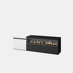 Móvel de TV, Muito espaço de arrumação, 150x35x45cm, Para televisores até 65, Lareira eléctrica, Estilo moderno, Branco e preto