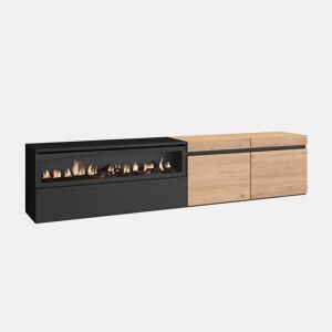 Móvel de TV, Muito espaço de arrumação, 200x35x45cm, Para televisores até 80, Lareira eléctrica, Suspensos, Estilo moderno, Carvalho e preto