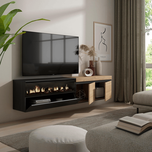 Móvel de TV, Muito espaço de arrumação, 200x35x45cm, Para televisores até 80, Lareira eléctrica, Suspensos, Estilo moderno, Carvalho e preto