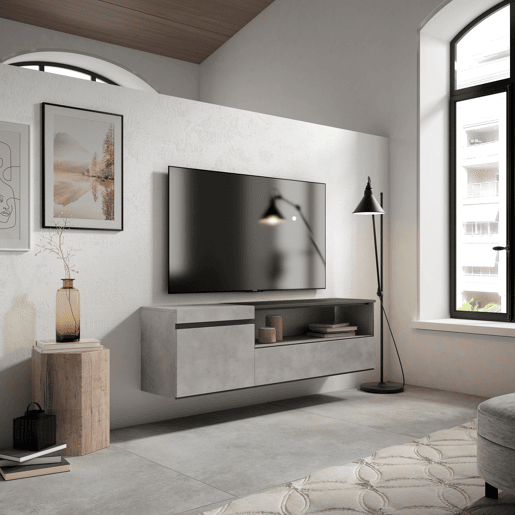 Móvel de TV, Muito espaço de arrumação, 150x35x45cm, Para televisores até 65, Suspensos, Estilo moderno, Cimento Móvel de TV, Muito espaço de arrumação, 150x35x45cm, Para televisores até 65, Suspensos, Estilo moderno, Cimento