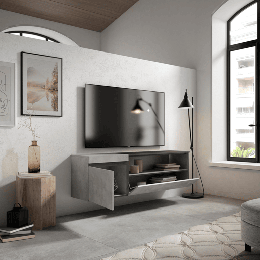 Móvel de TV, Muito espaço de arrumação, 150x35x45cm, Para televisores até 65, Suspensos, Estilo moderno, Cimento Móvel de TV, Muito espaço de arrumação, 150x35x45cm, Para televisores até 65, Suspensos, Estilo moderno, Cimento