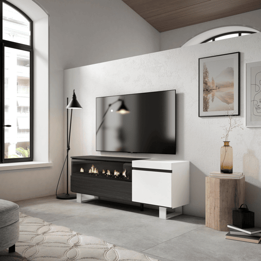 Móvel de TV, Muito espaço de arrumação, 150x35x57cm, Para televisores até 65, Lareira eléctrica, Design industrial, Estilo moderno, Branco e preto Móvel de TV, Muito espaço de arrumação, 150x35x57cm, Para televisores até 65, Lareira eléctrica, Design industrial, Estilo moderno, Branco e preto