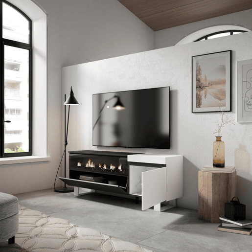 Móvel de TV, Muito espaço de arrumação, 150x35x57cm, Para televisores até 65, Lareira eléctrica, Design industrial, Estilo moderno, Branco e preto Móvel de TV, Muito espaço de arrumação, 150x35x57cm, Para televisores até 65, Lareira eléctrica, Design industrial, Estilo moderno, Branco e preto