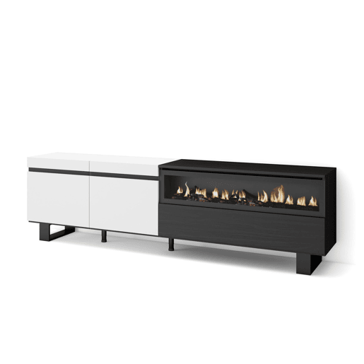 Móvel de TV, Muito espaço de arrumação, 200x35x57cm, Para televisores até 80, Lareira eléctrica, Design industrial, Estilo moderno, Branco e preto Móvel de TV, Muito espaço de arrumação, 200x35x57cm, Para televisores até 80, Lareira eléctrica, Design industrial, Estilo moderno, Branco e preto